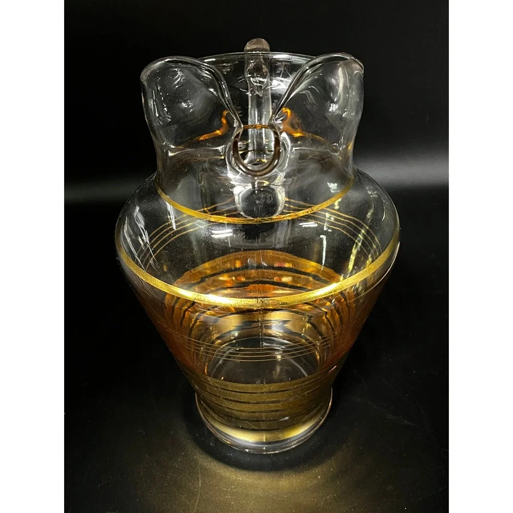 Vtg 1940s MCM Glass Ice Lip Pitcher‎ Gold Stripe Barware Drinkware 11